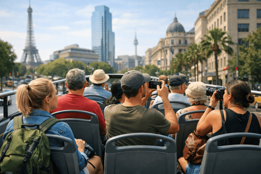 Traveler enjoying a hop on hop off bus tour in a major city
