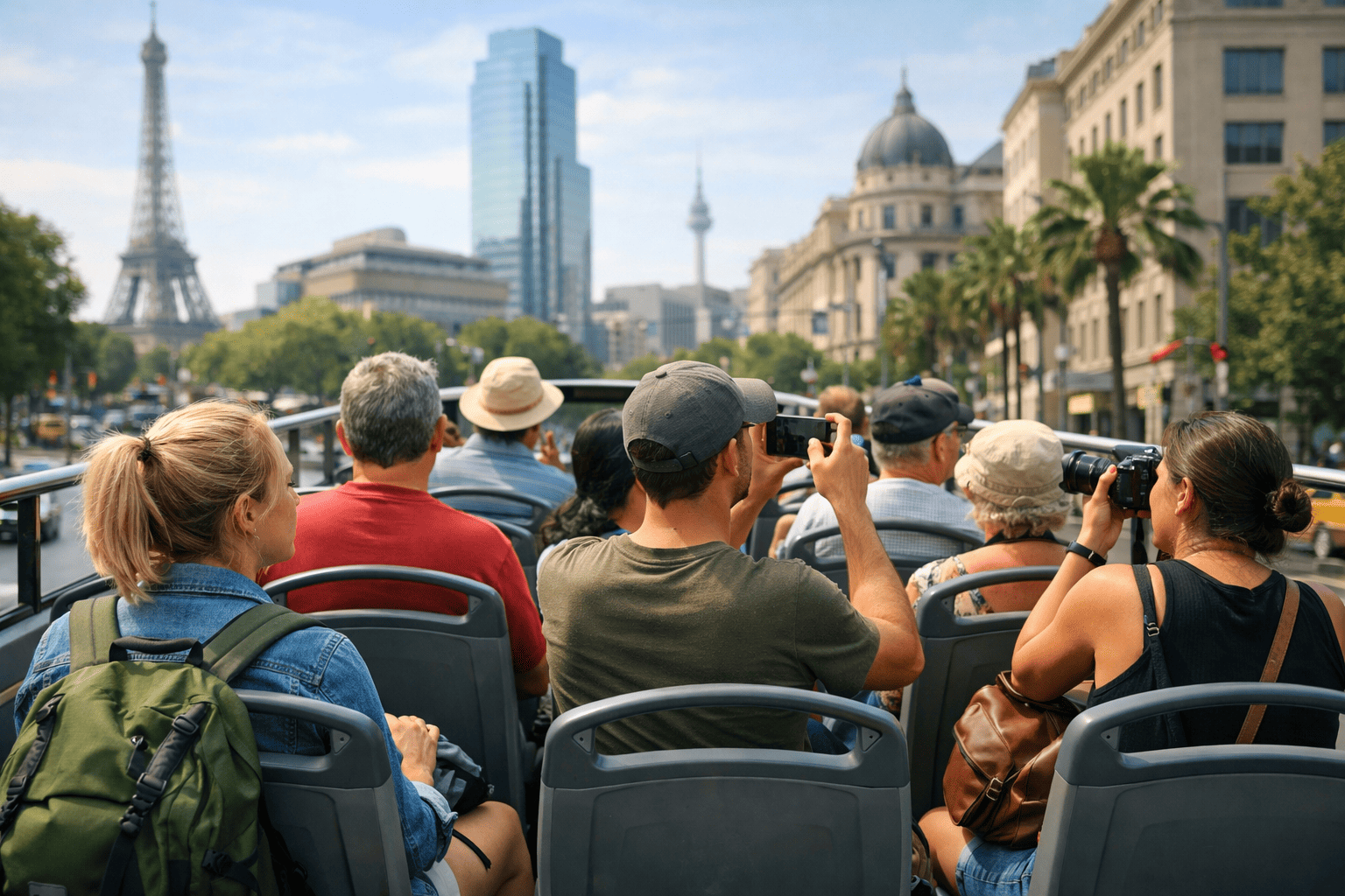 Traveler enjoying a hop on hop off bus tour in a major city