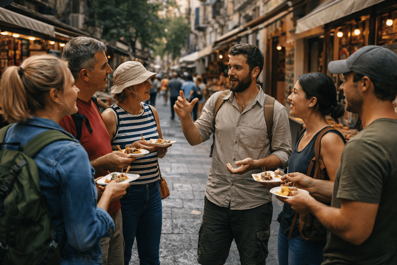 Travelers enjoying a guided food tour in a lively local neighborhood