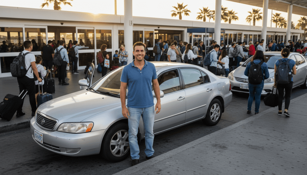 Professional driver holding name sign for private airport transfer at arrivals hall