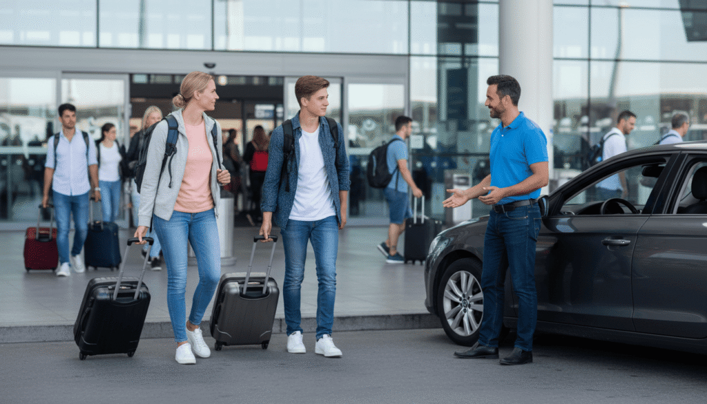 Travelers arriving at an international airport terminal ready for their pre-booked airport transfer
