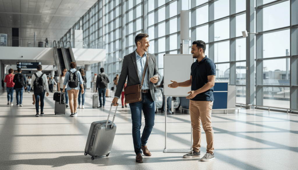 A well-dressed but approachable business traveler in smart casual clothes — blazer, no tie — pulling a carry-on suitcase through a busy international airport arrivals hall. A friendly driver in jeans and a polo shirt stands nearby, smiling and ready to assist. Natural daylight streaming through large terminal windows, other travelers visible in the background, modern airport interior. Candid travel photography style, no signs, no text, no writing, no labels, ultra-realistic, 8k --ar 16:9"