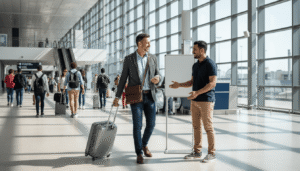 A well-dressed but approachable business traveler in smart casual clothes — blazer, no tie — pulling a carry-on suitcase through a busy international airport arrivals hall. A friendly driver in jeans and a polo shirt stands nearby, smiling and ready to assist. Natural daylight streaming through large terminal windows, other travelers visible in the background, modern airport interior. Candid travel photography style, no signs, no text, no writing, no labels, ultra-realistic, 8k --ar 16:9"