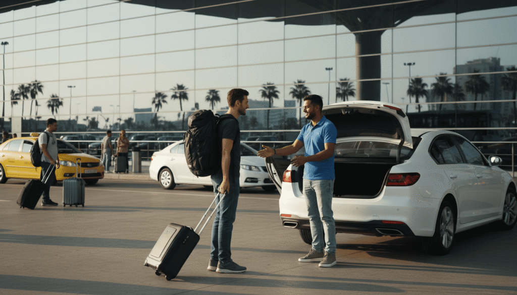 Traveler with luggage meeting a professional driver for safe airport transportation
