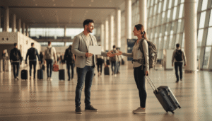 A friendly driver holding a name sign greeting a traveler inside an airport arrivals hall during a meet and greet airport transfer