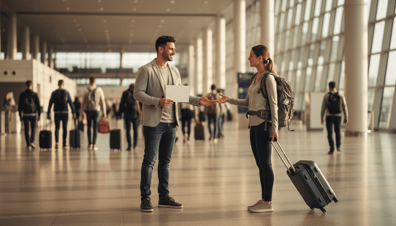A friendly driver holding a name sign greeting a traveler inside an airport arrivals hall during a meet and greet airport transfer