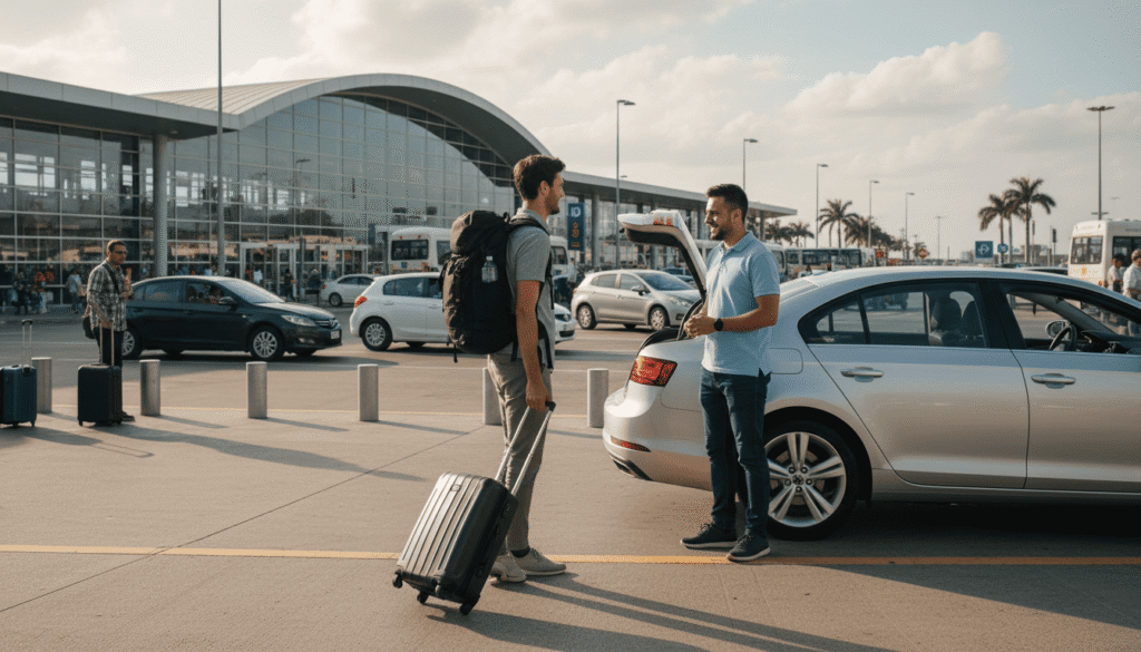 Traveler being greeted by a driver inside airport arrivals hall for a meet and greet airport transfer