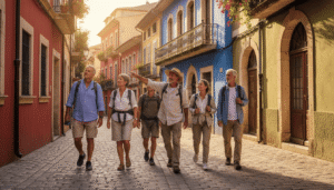 Travelers on a guided city tour walking through a historic neighborhood with a local guide