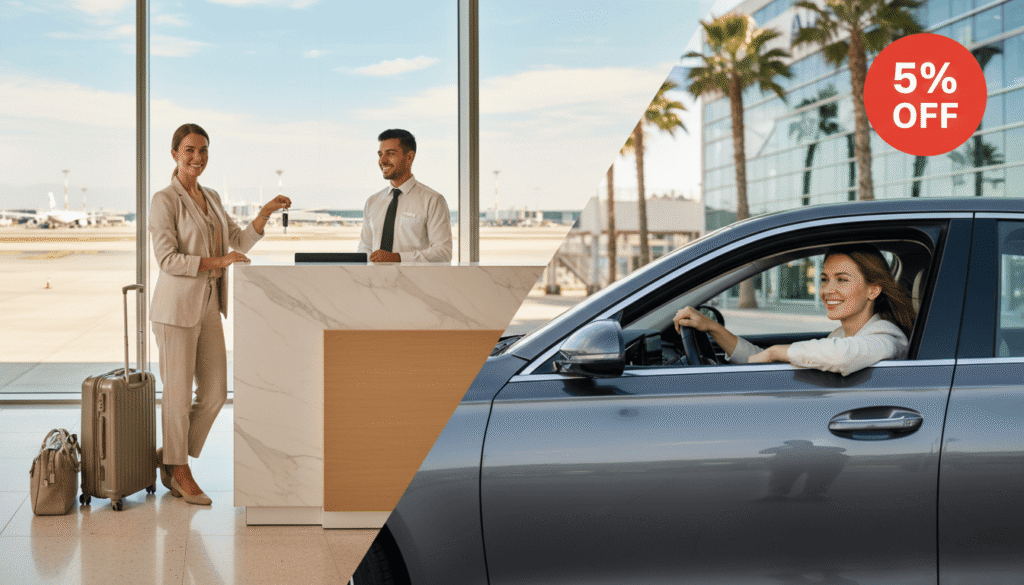 Traveler comparing car rental vs airport transfer options at an international airport