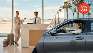 Traveler comparing car rental vs airport transfer options at an international airport