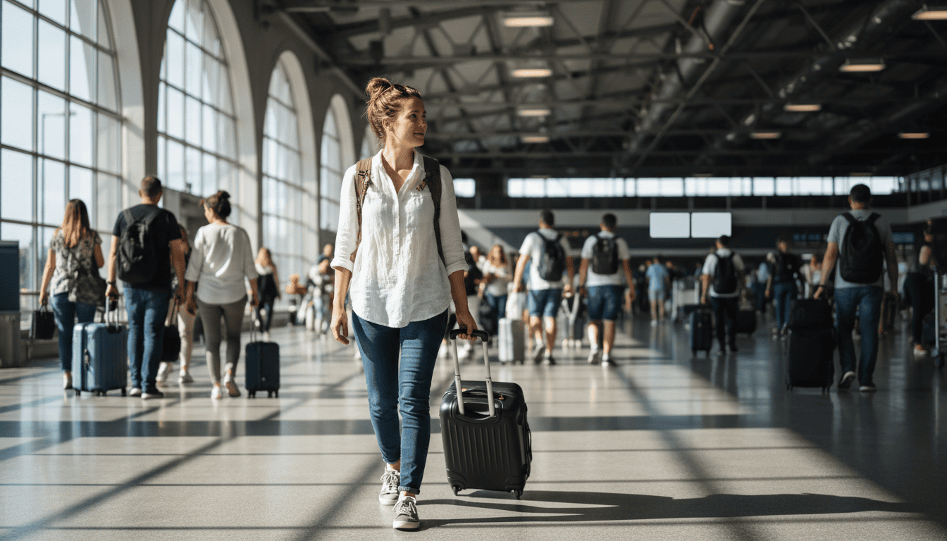 Traveler arriving at international airport terminal looking for airport to city transfer options
