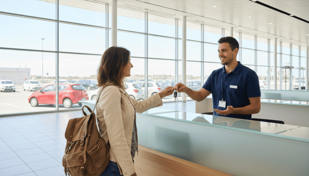 Traveler picking up rental car keys at airport counter — exclusive car rental discount