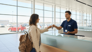 Traveler picking up rental car keys at airport counter — exclusive car rental discount