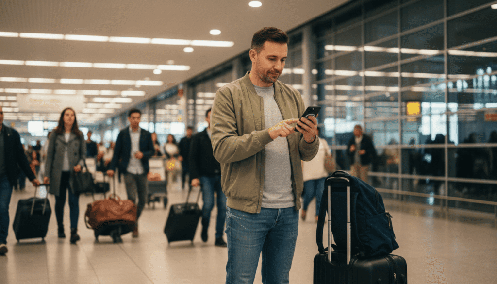 Traveler with luggage completing a book an airport transfer reservation on a smartphone at the airport arrivals area