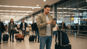 Traveler with luggage completing a book an airport transfer reservation on a smartphone at the airport arrivals area