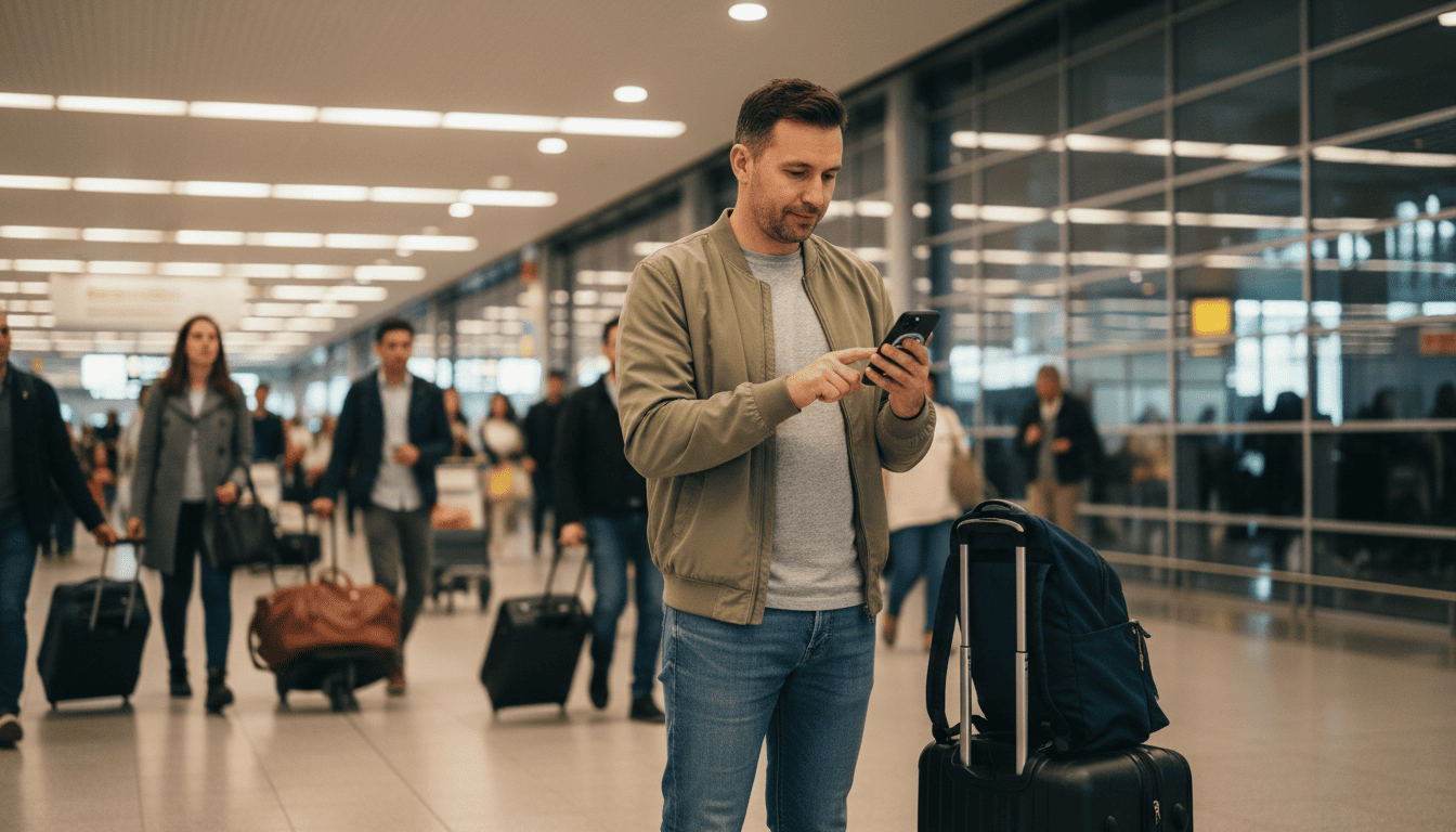 Traveler with luggage completing a book an airport transfer reservation on a smartphone at the airport arrivals area