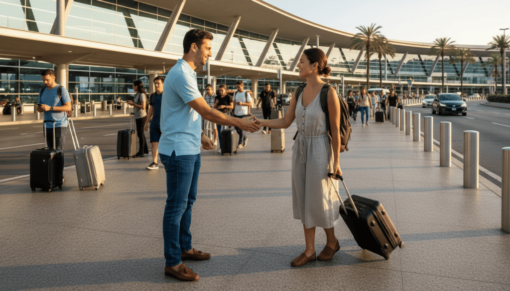 Traveler being greeted by a driver for a private airport transfer outside an international airport terminal