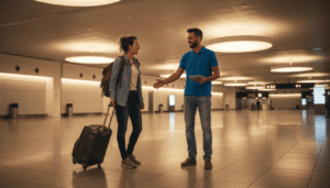 Traveler arriving at airport late at night with luggage being greeted by a professional driver for a late night airport transfer