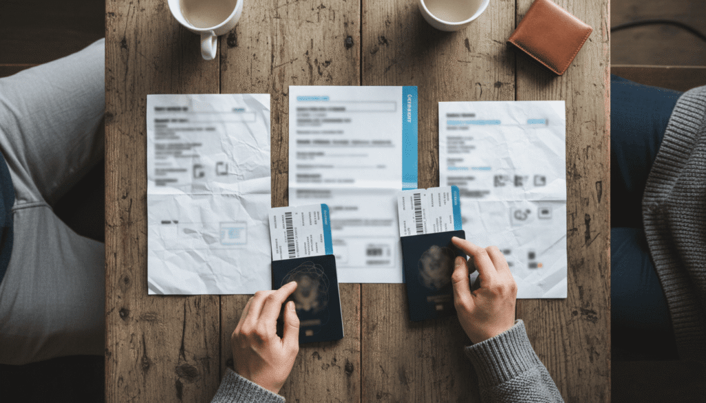 Traveler organizing international travel documents including passport, visa, and boarding pass on a table before a trip