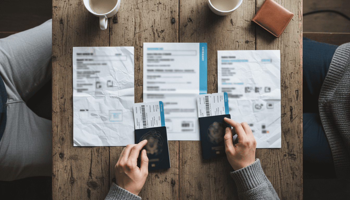 Traveler organizing international travel documents including passport, visa, and boarding pass on a table before a trip