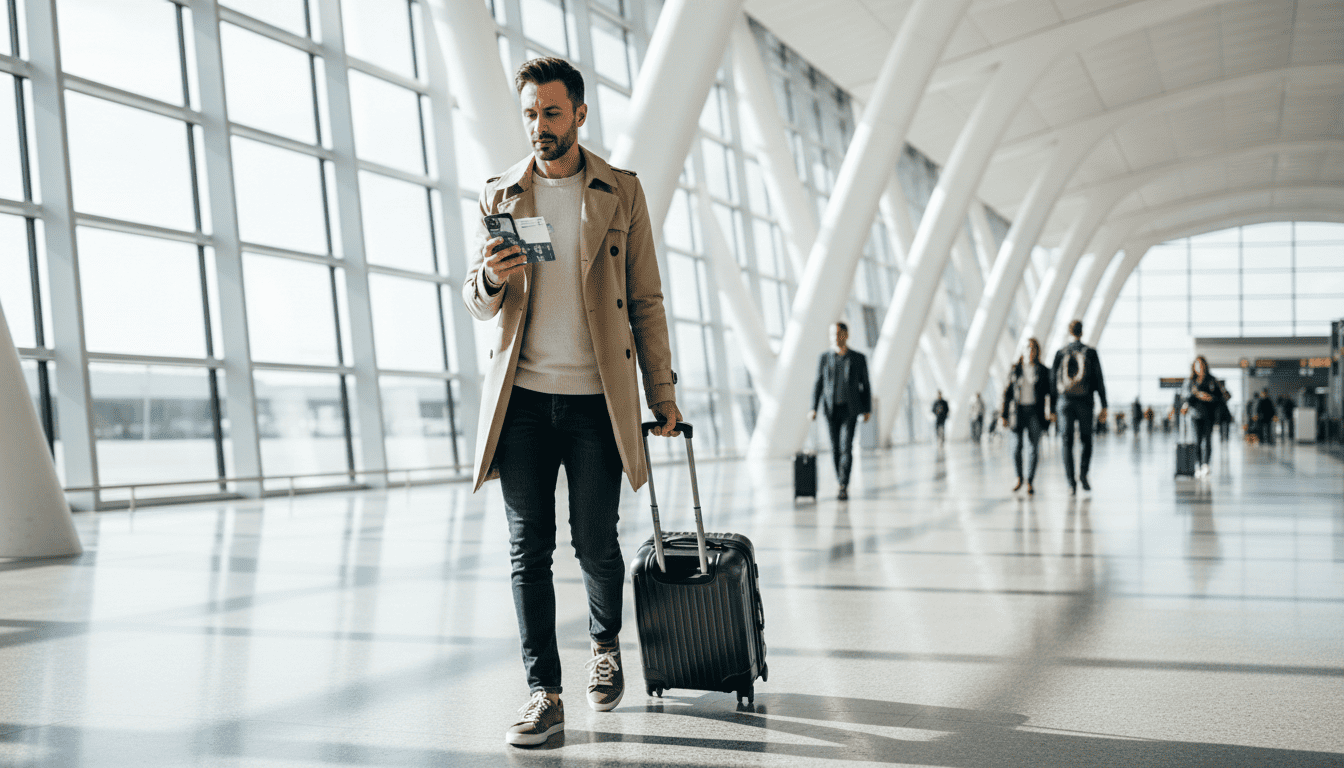 Traveler arriving at a busy international airport departures terminal with luggage, checking boarding pass on phone