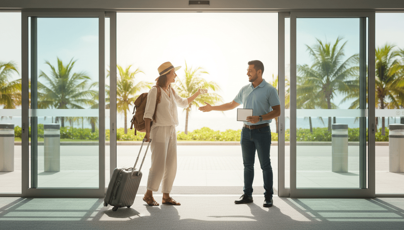 Traveler arriving at Cancun airport and meeting private transfer driver at arrivals