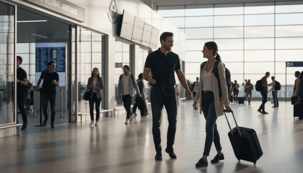 Friendly driver holding a name sign inside airport arrivals hall for a meet and greet airport transfer
