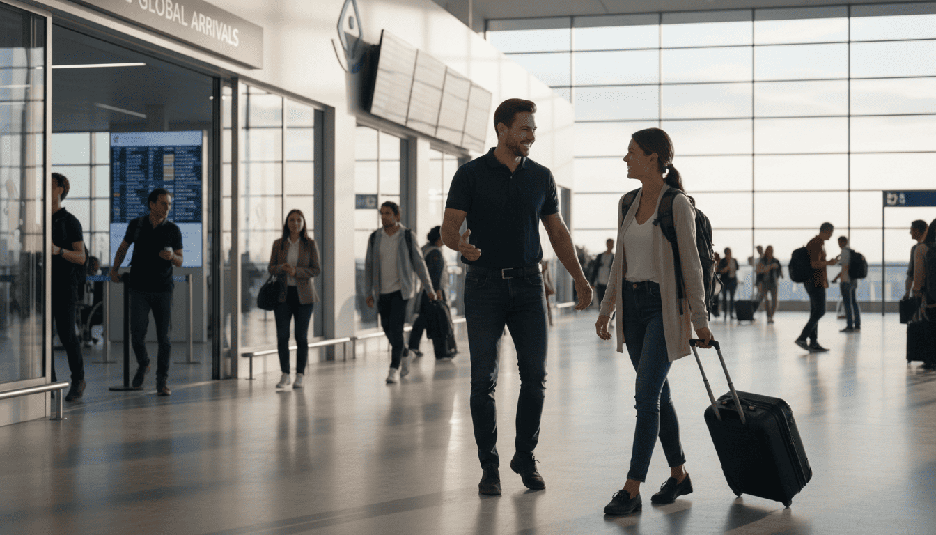 Friendly driver holding a name sign inside airport arrivals hall for a meet and greet airport transfer