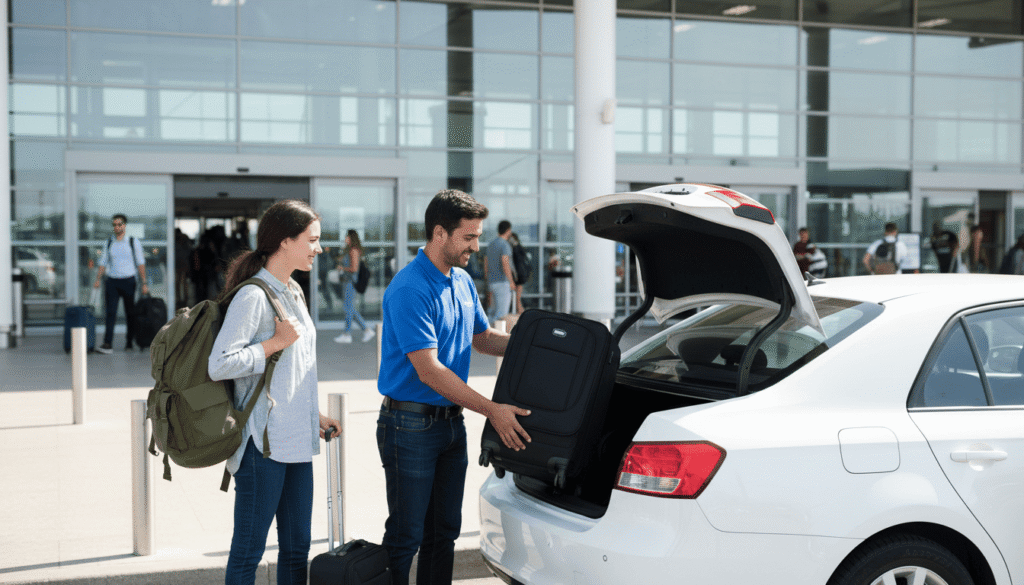 Driver loading luggage into a private vehicle outside airport terminal for a door to door airport transfer