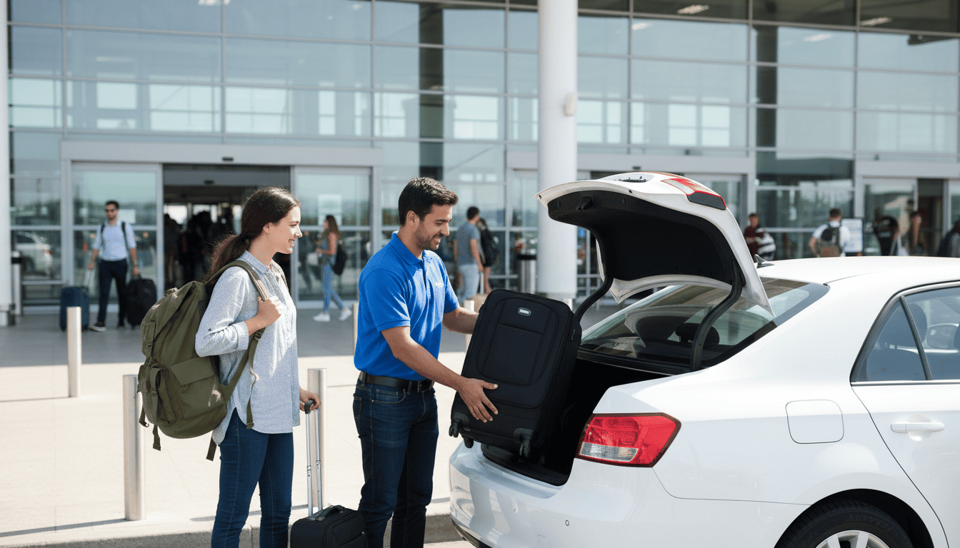 Driver loading luggage into a private vehicle outside airport terminal for a door to door airport transfer