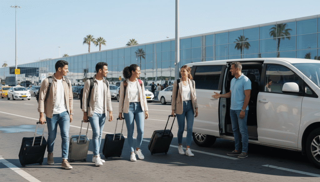 Group of business travelers with luggage boarding a minivan for an airport transfer