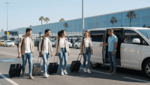Group of business travelers with luggage boarding a minivan for an airport transfer