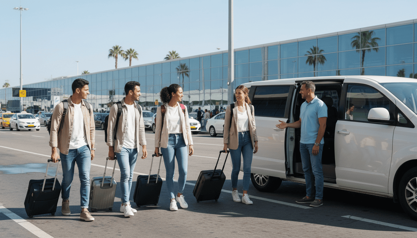 Group of business travelers with luggage boarding a minivan for an airport transfer