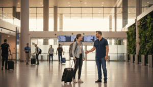 A friendly driver holding a name sign welcoming a traveler at airport arrivals for a meet and greet airport transfer
