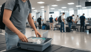 A traveler placing a laptop in a security tray at an airport checkpoint following airport security tips