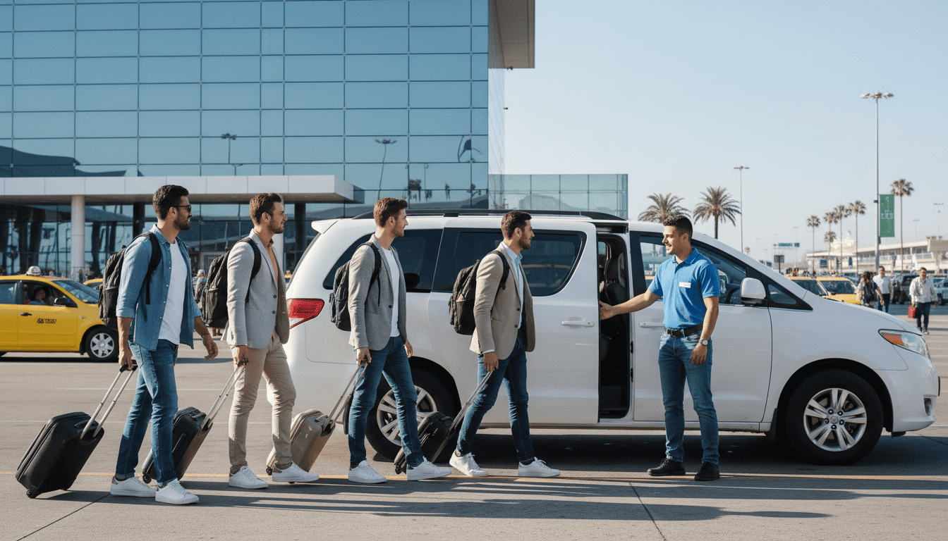 A business team with luggage being greeted by a professional driver at an airport arrivals hall for a corporate airport transfer
