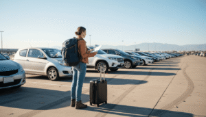 Traveler choosing between different rental car types at an airport parking lot — best rental car types by trip guide