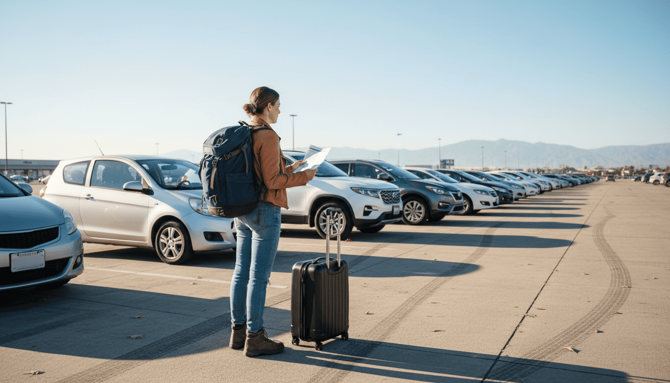 Traveler choosing between different rental car types at an airport parking lot — best rental car types by trip guide